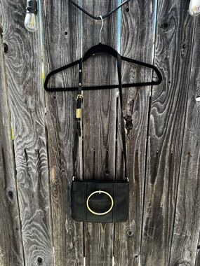 Foley and Corinna Small Black Leather Purse Gold Handles and Crossbody Strap
